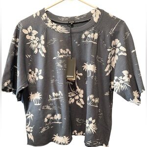 Monrow NWT Palm Tree and Hibiscus Cropped Sweatshirt Size Medium